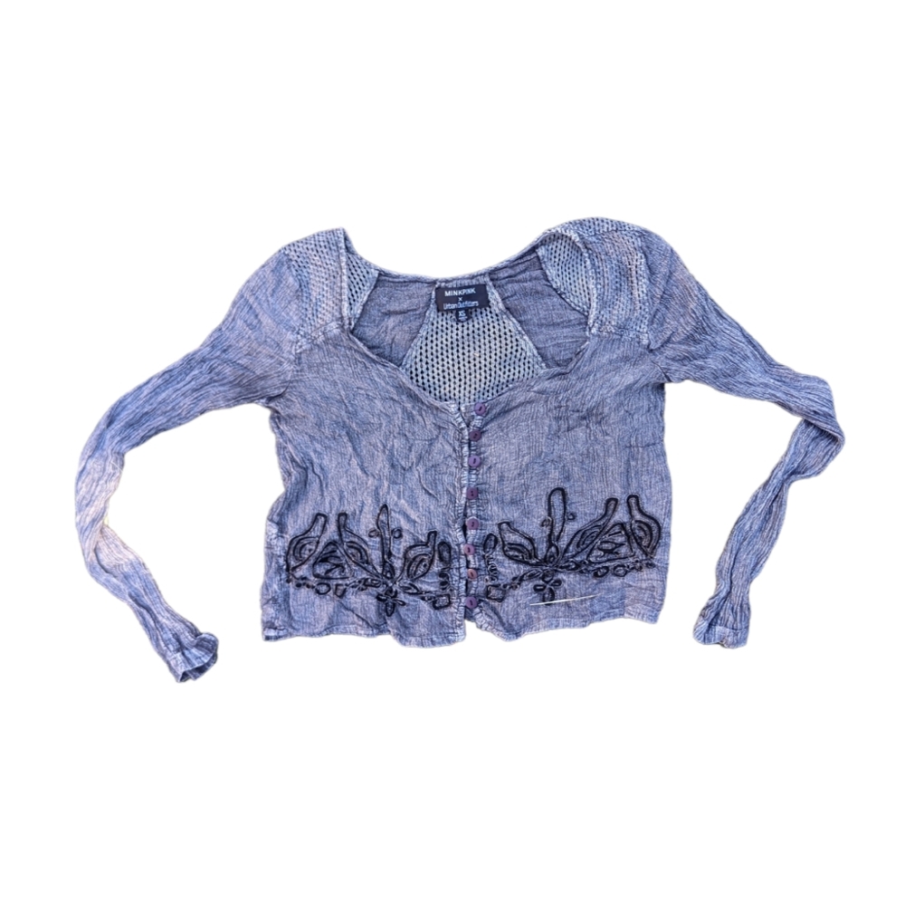 Boho Embroidered Long Sleeve Button Up Crop Top Blouse by Mink Pink Size XS